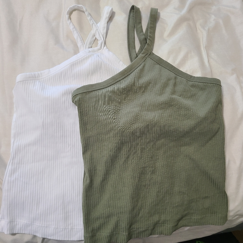 Bundle White And Green Ribbed Halter Top Size Medium Old Navy